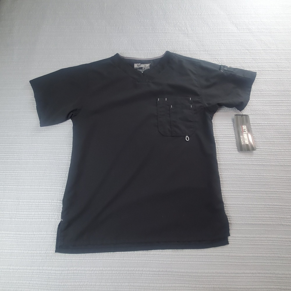 NWT Mens Scrub Top Black V-Neck Pocket‎ Greys Anatomy by Barco 0187 Medium